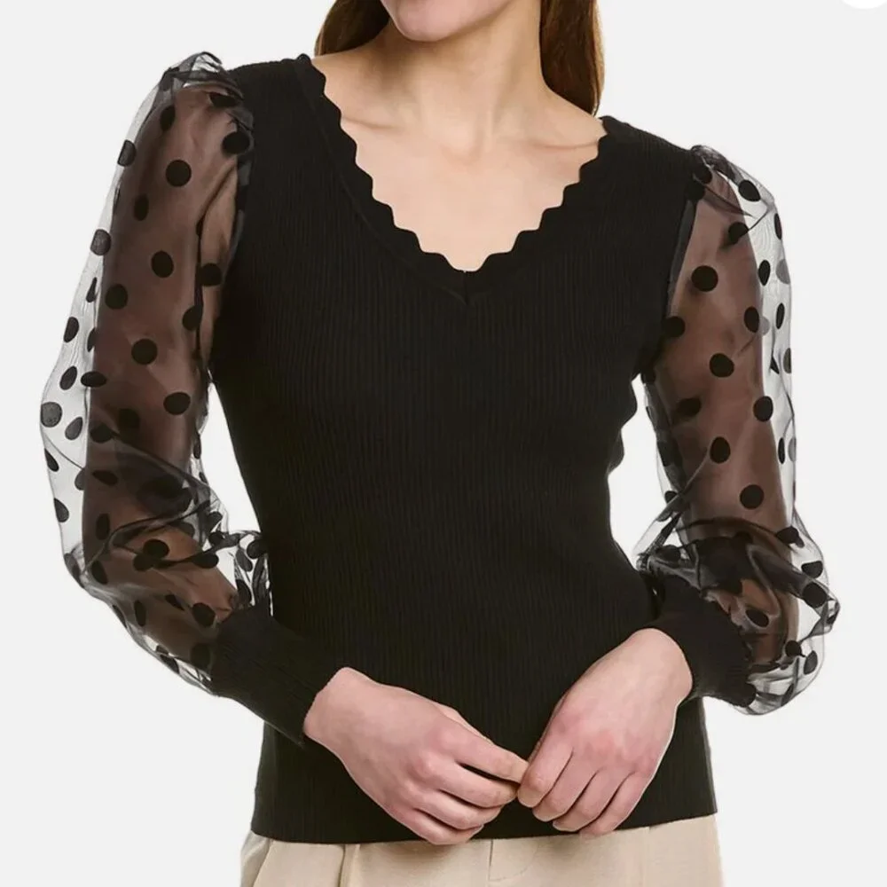 NEW Gracia Black Sheer Long Sleeve Sweater Top M - Picture 1 of 7